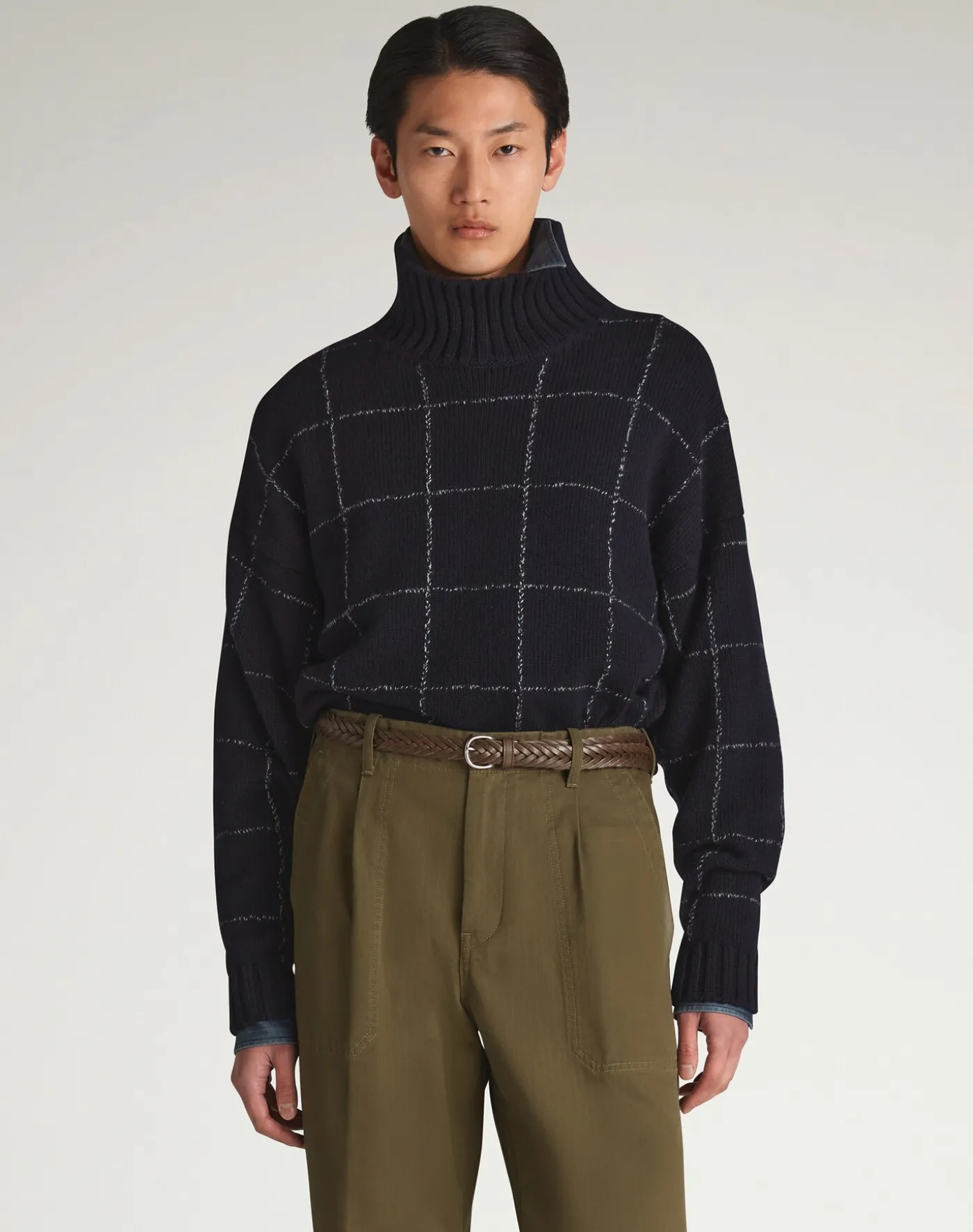 Cashmere Check Intarsia High Neck Jumper