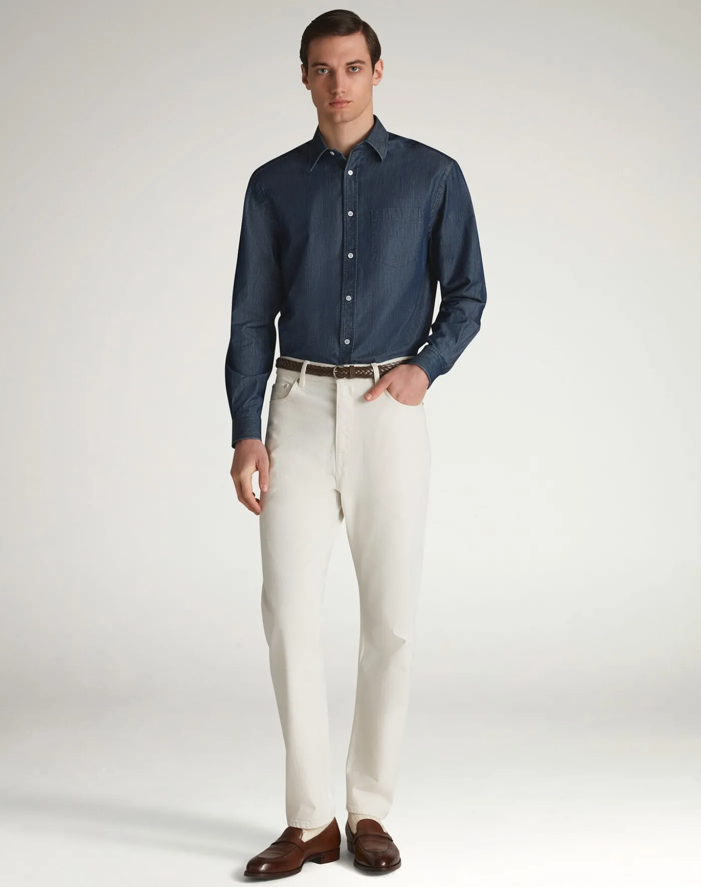 Cotton Cashmere Chambray Long Sleeve Point Collar Shirt