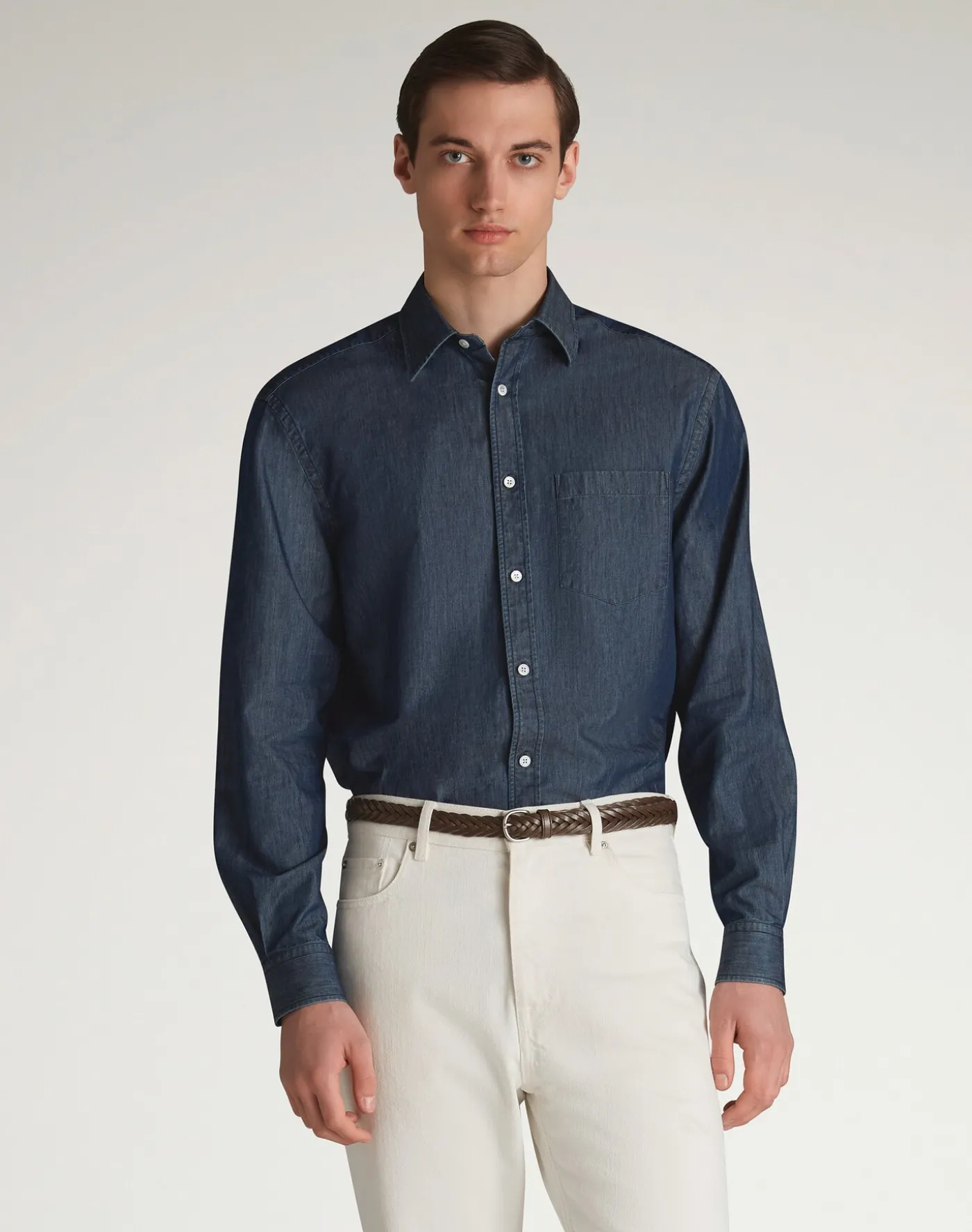 Cotton Cashmere Chambray Long Sleeve Point Collar Shirt