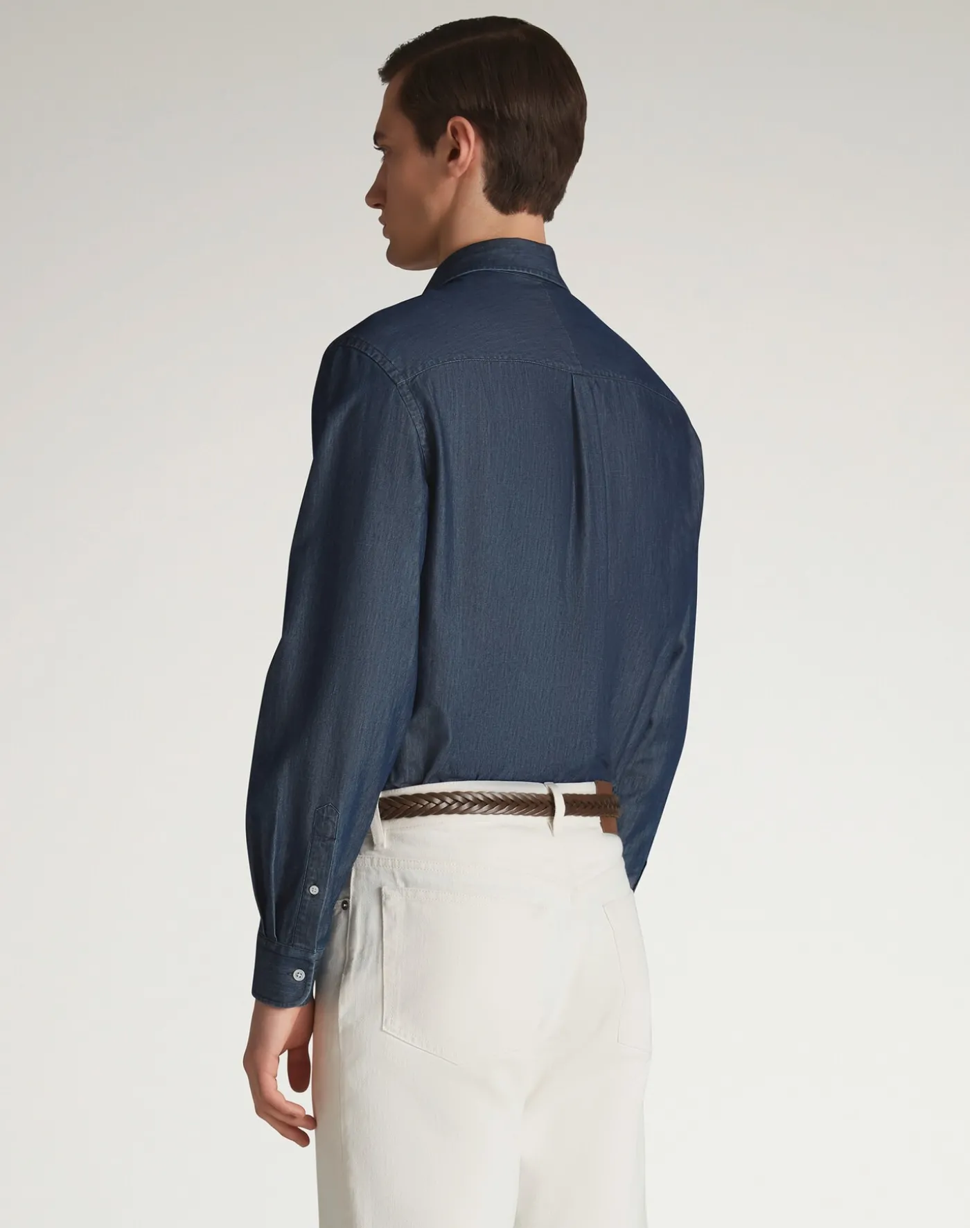 Cotton Cashmere Chambray Long Sleeve Point Collar Shirt