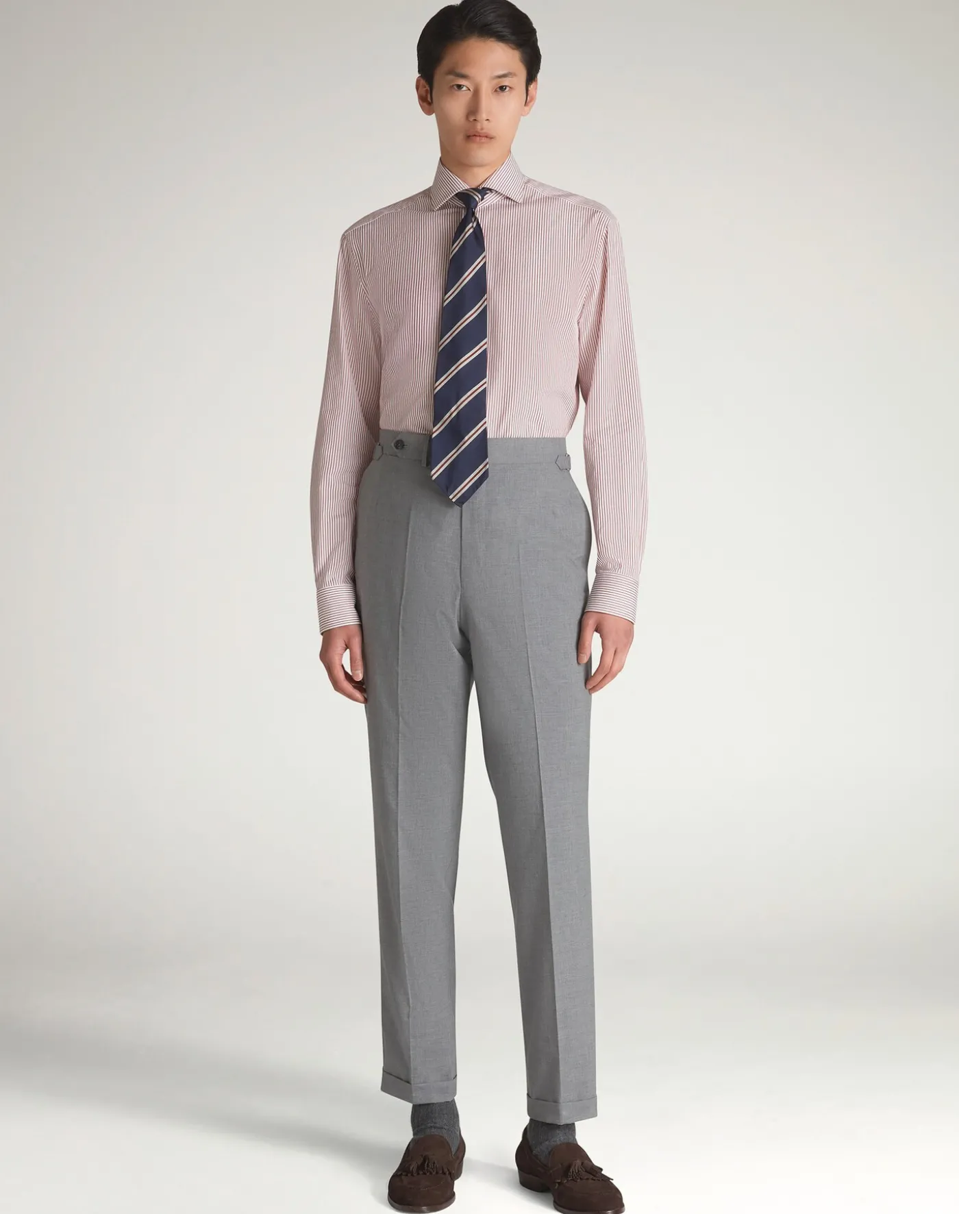 Cotton Pinstripe Long Sleeve Spread Collar Shirt