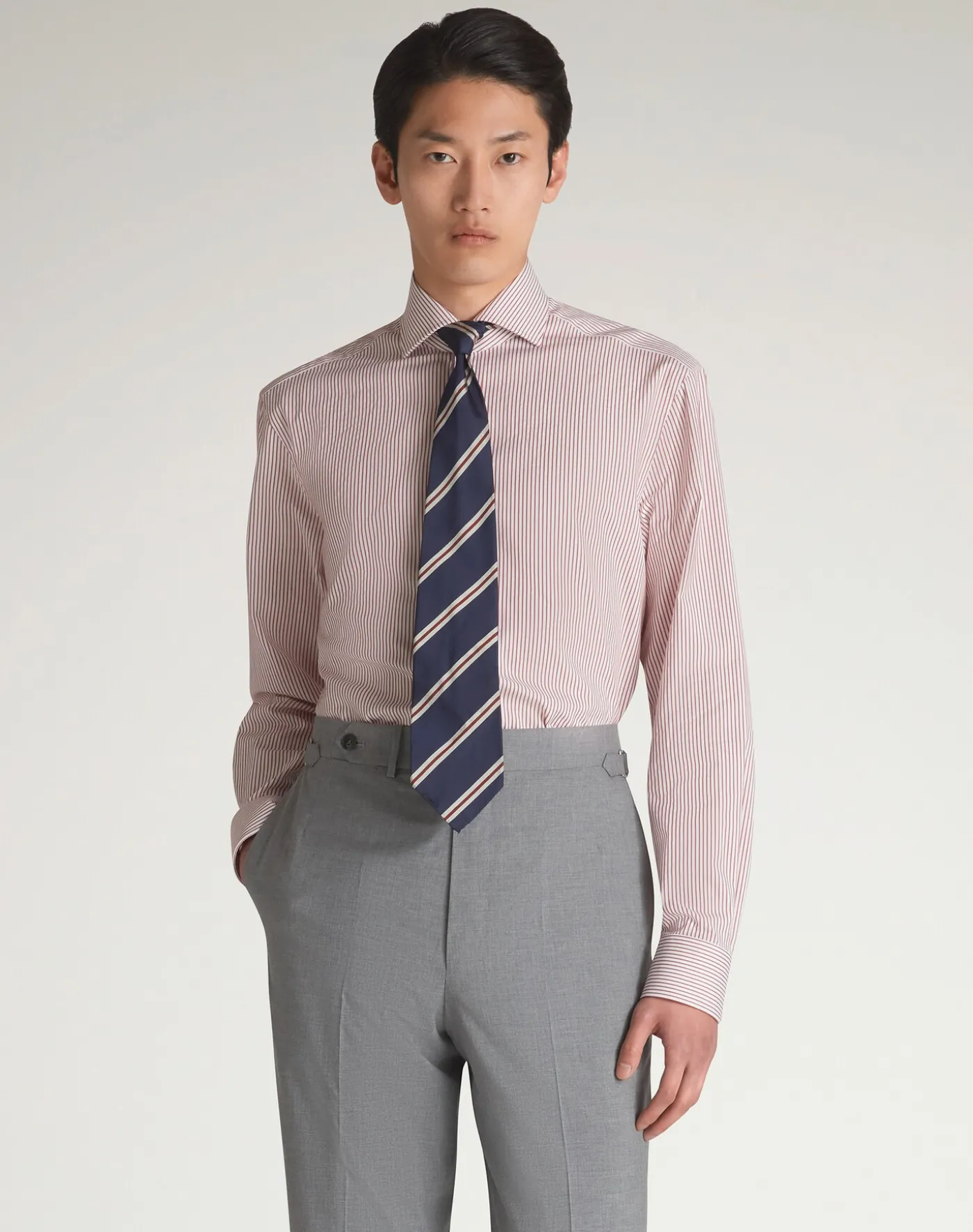 Cotton Pinstripe Long Sleeve Spread Collar Shirt
