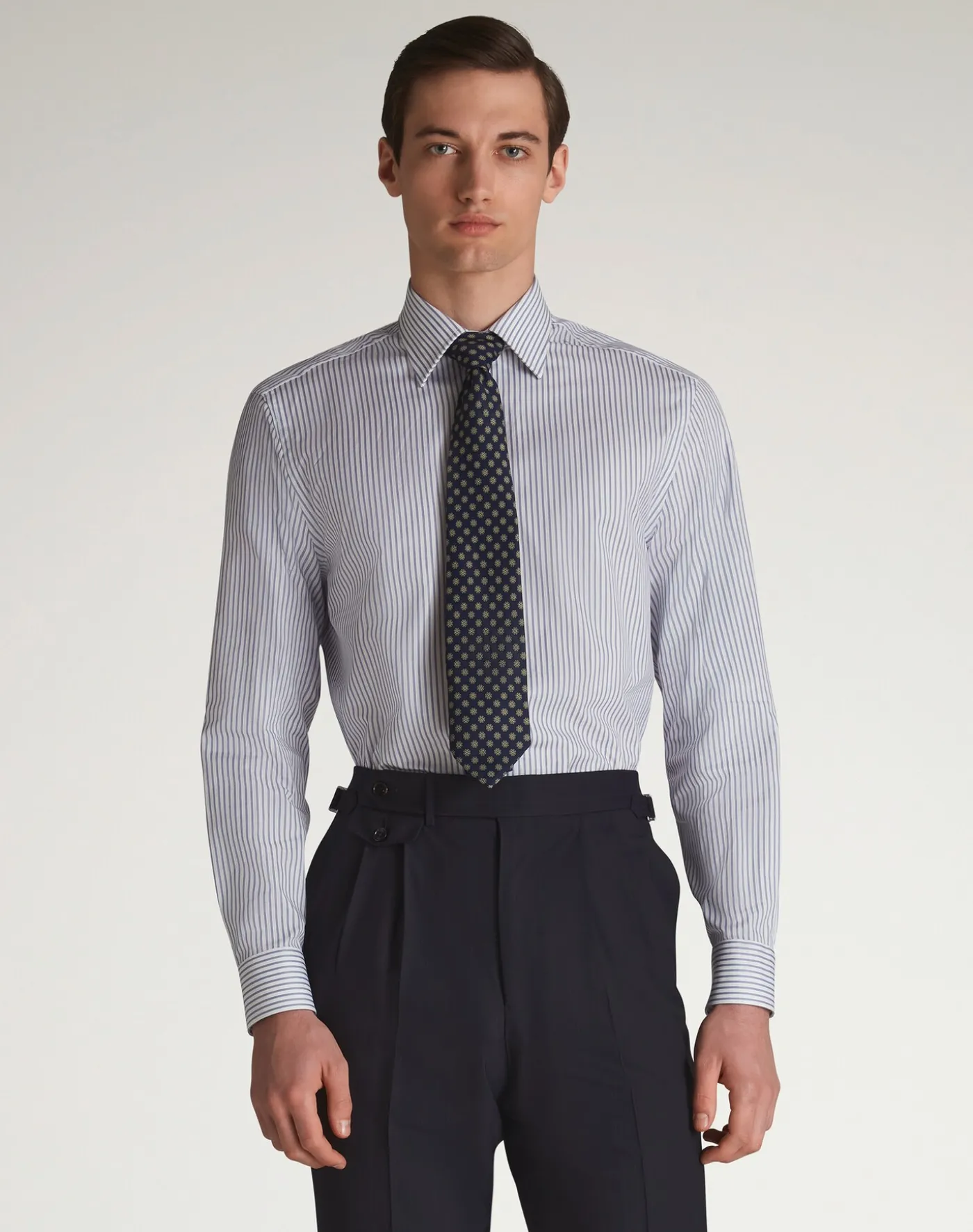 Cotton Stripe Long Sleeve Point Collar Shirt