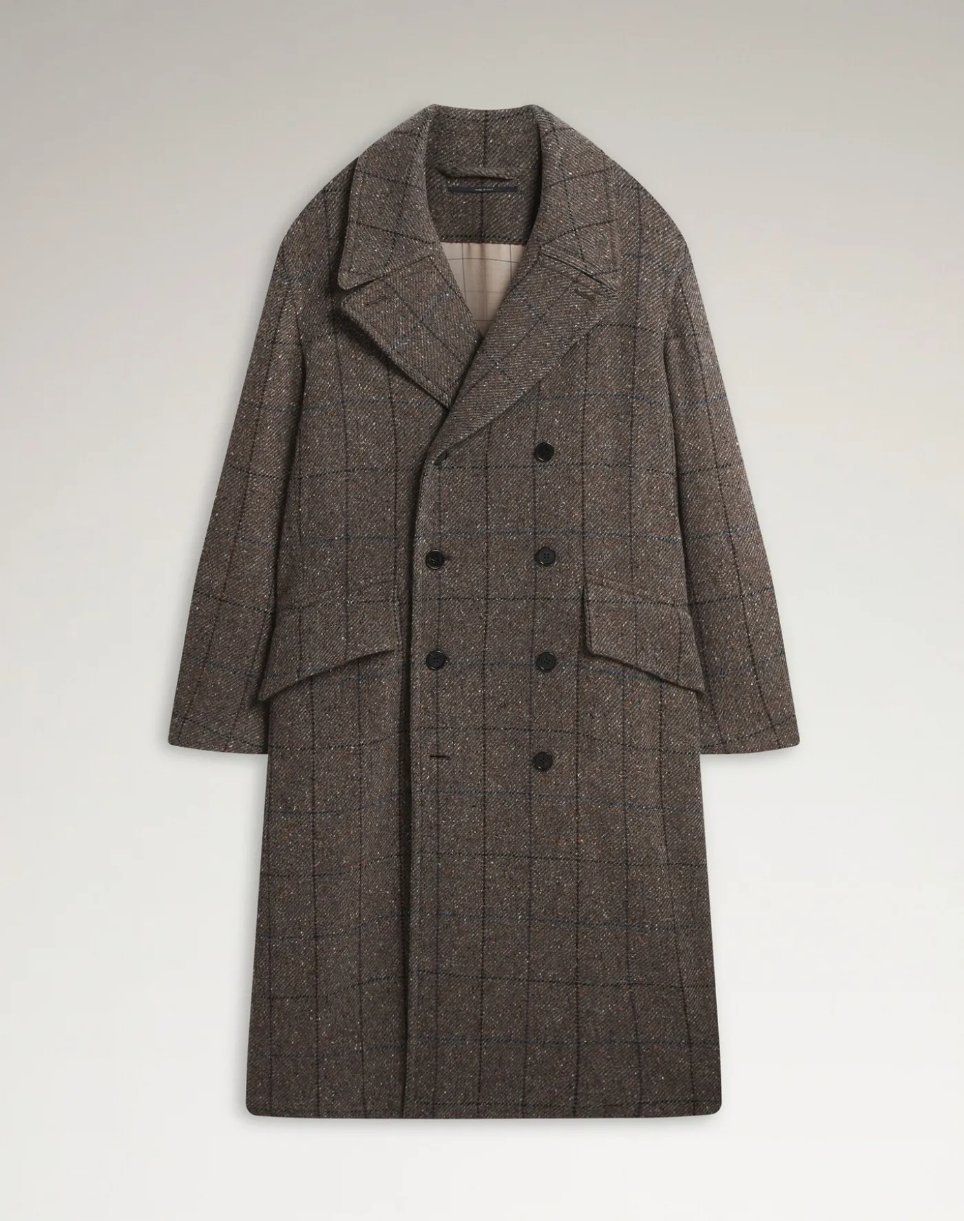 Wool Cashmere Twill Windowpane Double Breasted Coat