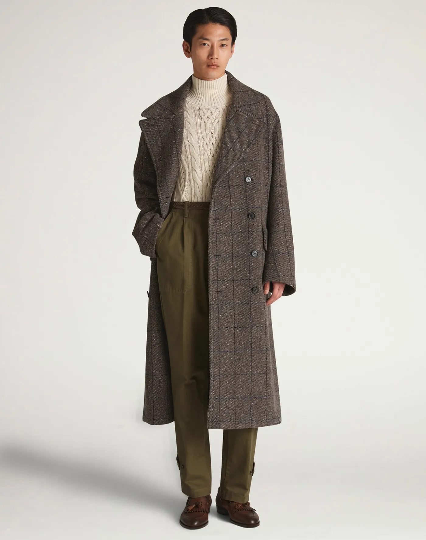 Wool Cashmere Twill Windowpane Double Breasted Coat
