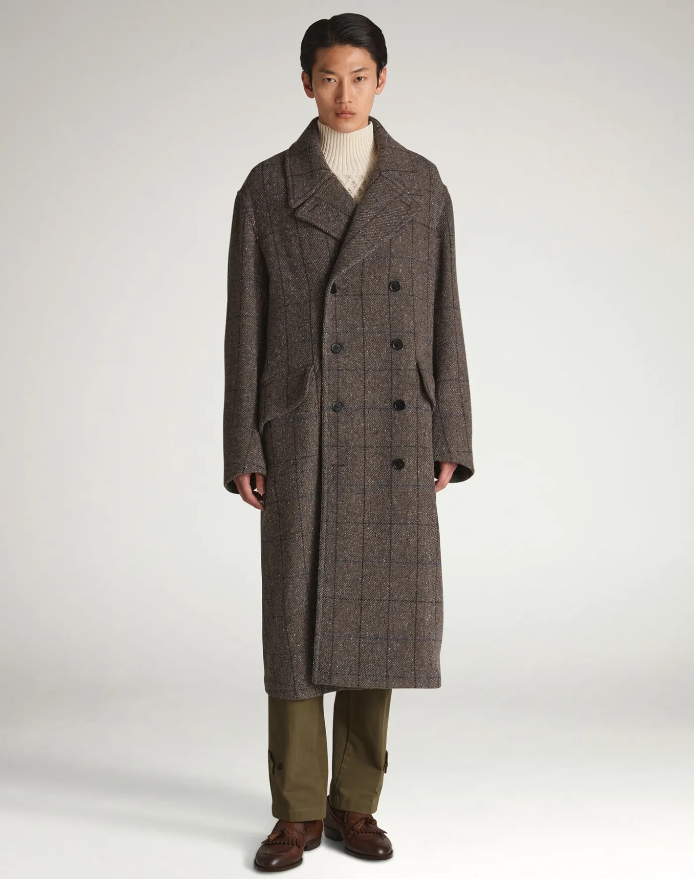 Wool Cashmere Twill Windowpane Double Breasted Coat