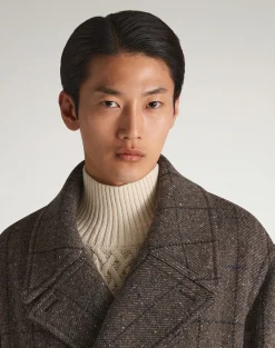 Wool Cashmere Twill Windowpane Double Breasted Coat