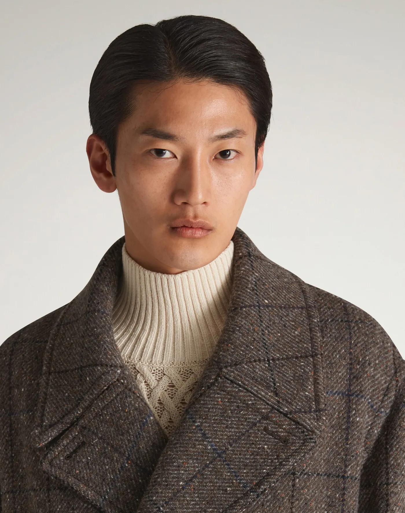 Wool Cashmere Twill Windowpane Double Breasted Coat
